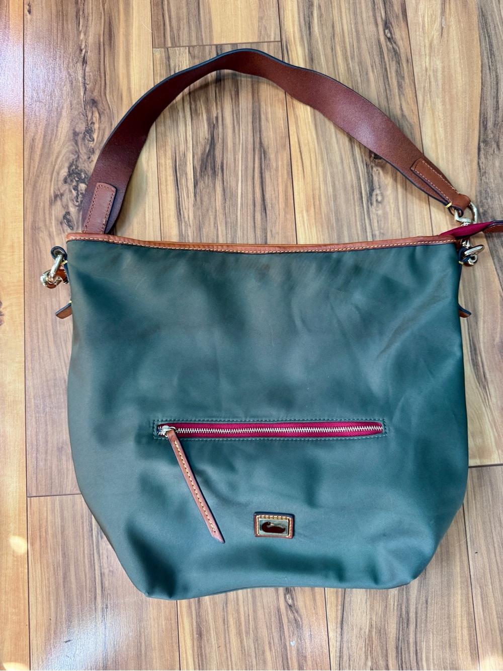 Dooney & Bourke Dark Green Shoulder Bag with Brown Trim